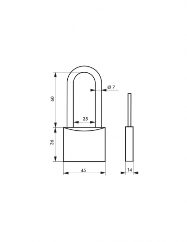 Lucchetto MACH 2 45 mm, corpo in acciaio, arco semialto in acciaio inox, 2 chiavi – THIRARD