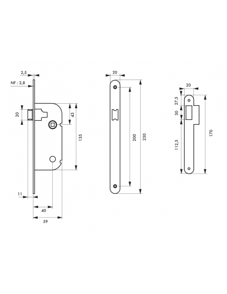 Serratura NF asse 40 mm con solo scrocco, reversibile, nera, confezione indivisibile 50 pz – THIRARD
