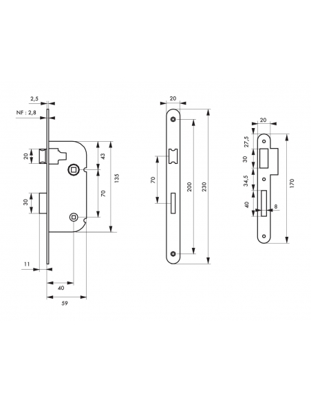 Serratura NF asse 40 mm per chiusura WC, nera, confezione indivisibile 50 pz – THIRARD
