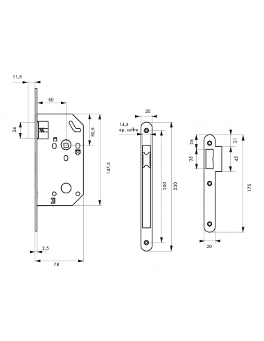 Vista aggiuntiva 1 di Serratura MONOMAX NF con scrocco, asse 50 mm, frontale inox, senza incontro, conf. indivisibile 25 pz