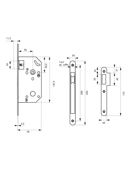 Vista aggiuntiva 1 di Serratura MONOMAX NF con scrocco, asse 50 mm, frontale inox, senza incontro, conf. indivisibile 25 pz