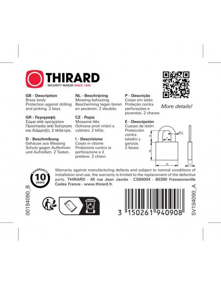 Vista aggiuntiva 2 di Lucchetto RUCK in ottone 15 mm, 2 chiavi – THIRARD
