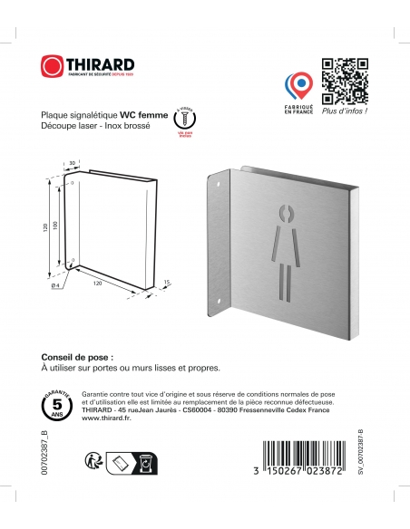 Vista aggiuntiva 2 di Targa segnaletica «WC donna», acciaio inox spazzolato, 120 x 120 mm, con bordo ripiegato – THIRARD