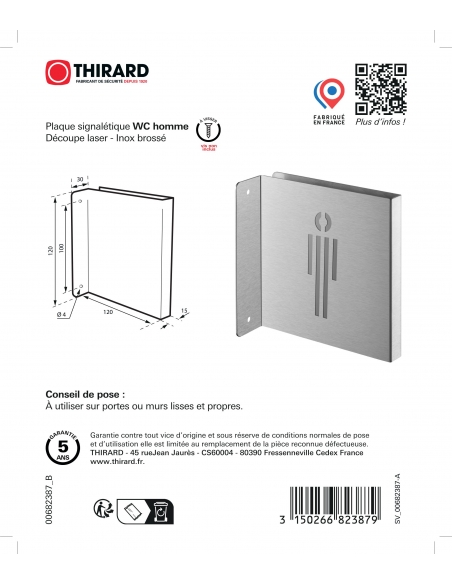 Vista aggiuntiva 2 di Targa segnaletica «WC uomo», acciaio inox spazzolato, 120 x 120 mm, con bordo ripiegato – THIRARD
