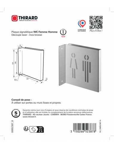 Targa segnaletica «WC donna/uomo», acciaio inox spazzolato, 120 x 120 mm, con bordo ripiegato – THIRARD