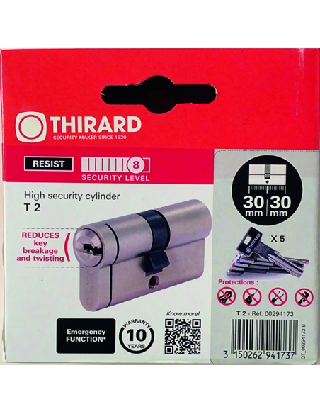 Cilindro T2 30 x 30 mm, nichelato, 5 chiavi – THIRARD