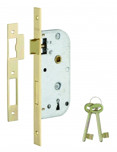 Serratura ECO da incasso, asse 40 mm, catenaccio e scrocco, frontale ottonato, 1 chiave – THIRARD