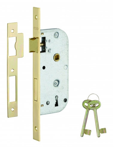 Serratura ECO da incasso, asse 40 mm, catenaccio e scrocco, frontale ottonato, 1 chiave – THIRARD