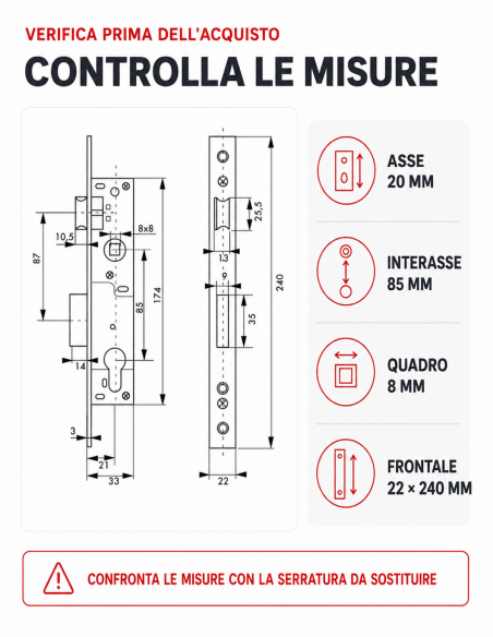 Serratura da incasso THIRARD 00011820 – verifica misure asse 20 mm, interasse 85 mm e frontale 22 × 240 mm