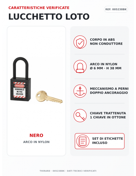 Lucchetto LOTO THIRARD 005238BK nero: corpo ABS e arco in nylon Ø 6 mm