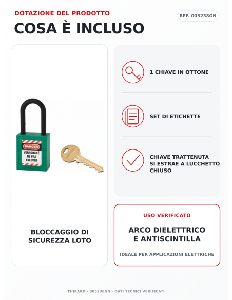 Lucchetto LOTO THIRARD 005238GN: 1 chiave in ottone e set di etichette inclusi