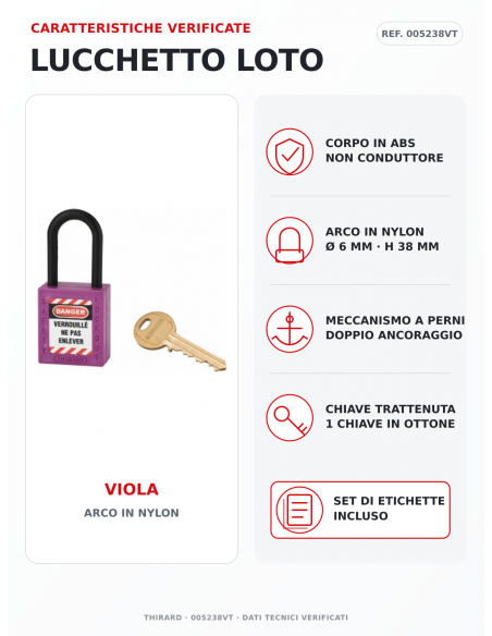 Lucchetto LOTO THIRARD 005238VT viola: corpo ABS e arco in nylon Ø 6 mm