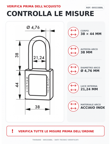 Lucchetto LOTO THIRARD 005338BL: corpo 38 x 44 mm, arco Ø 4,76 mm, altezza 38 mm