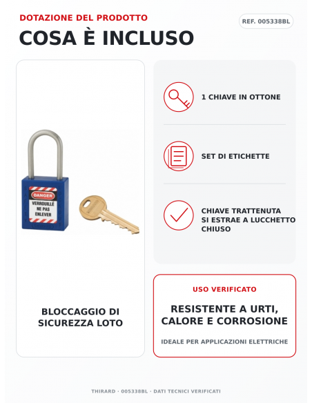 Lucchetto LOTO THIRARD 005338BL: 1 chiave in ottone e set di etichette inclusi