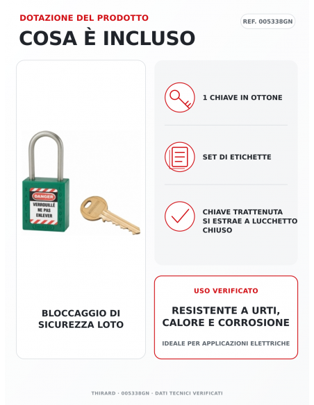 Lucchetto LOTO THIRARD 005338GN: 1 chiave in ottone e set di etichette inclusi