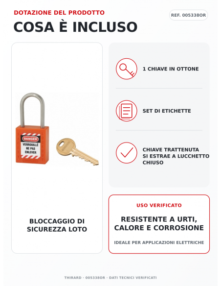 Lucchetto LOTO THIRARD 005338OR: 1 chiave in ottone e set di etichette inclusi