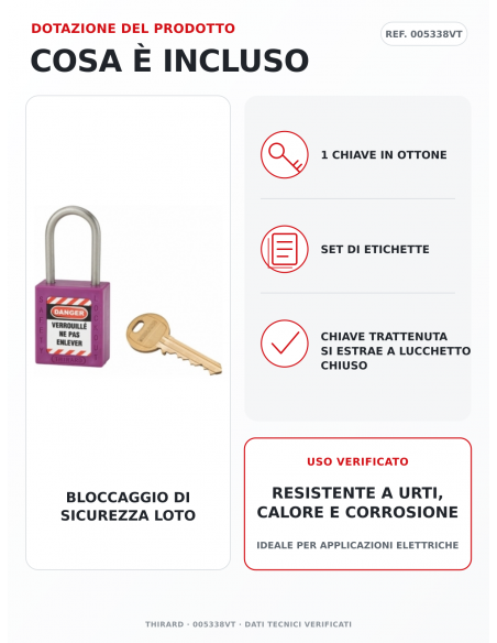 Lucchetto LOTO THIRARD 005338VT: 1 chiave in ottone e set di etichette inclusi