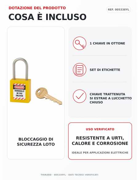 Lucchetto LOTO THIRARD 005338YL: 1 chiave in ottone e set di etichette inclusi