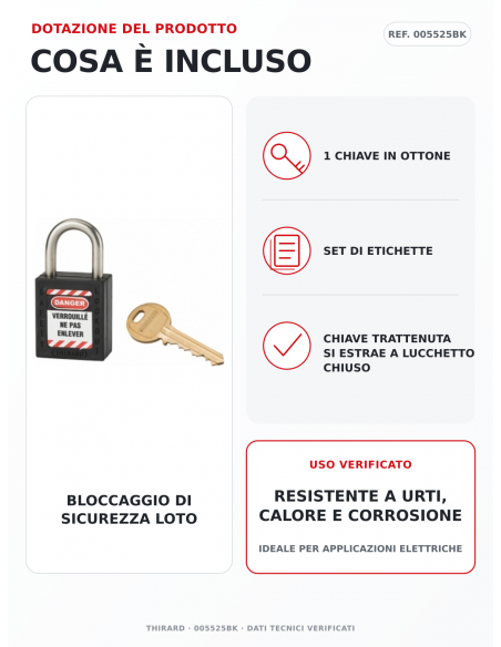 Lucchetto LOTO THIRARD 005525BK: 1 chiave in ottone e set di etichette inclusi