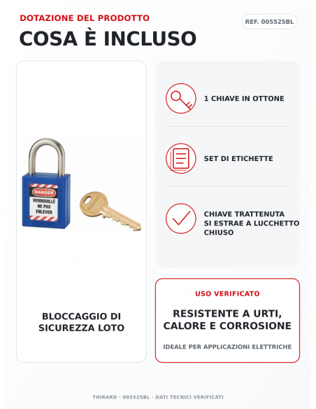 Lucchetto LOTO THIRARD 005525BL: 1 chiave in ottone e set di etichette inclusi