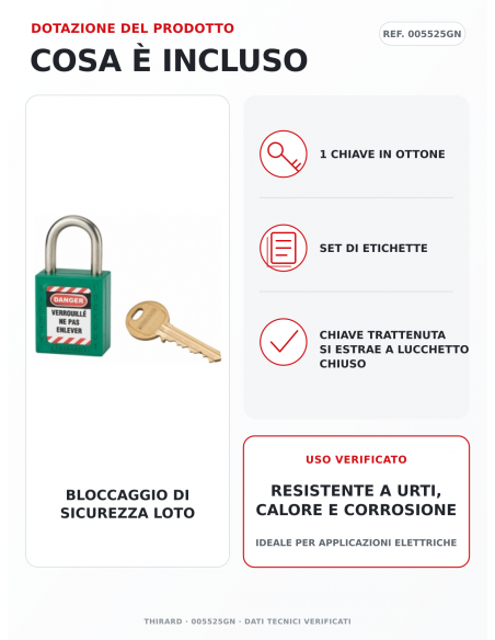 Lucchetto LOTO THIRARD 005525GN: 1 chiave in ottone e set di etichette inclusi