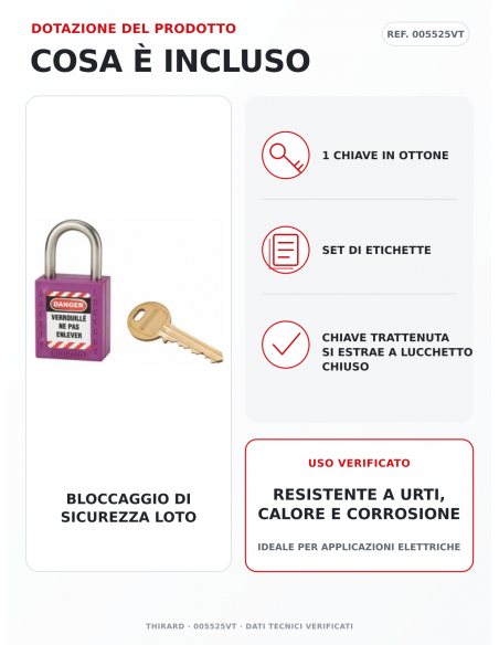 Lucchetto LOTO THIRARD 005525VT: 1 chiave in ottone e set di etichette inclusi