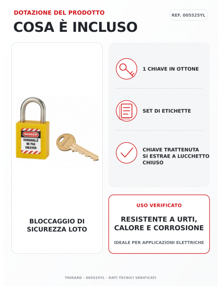 Lucchetto LOTO THIRARD 005525YL: 1 chiave in ottone e set di etichette inclusi