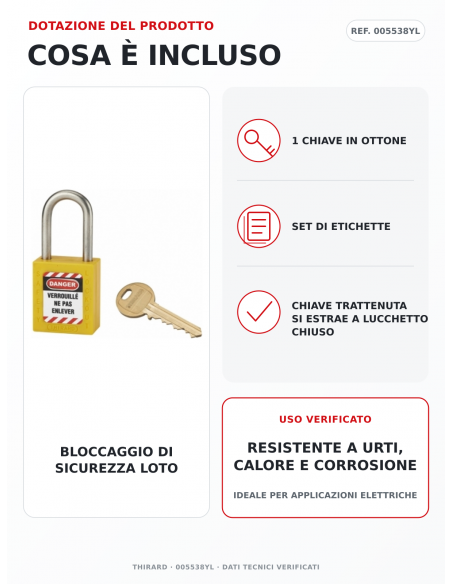 Lucchetto LOTO THIRARD 005538YL: 1 chiave in ottone e set di etichette inclusi