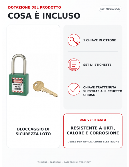 Lucchetto LOTO THIRARD 005538GN: 1 chiave in ottone e set di etichette inclusi