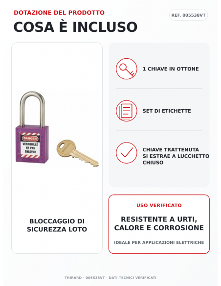 Lucchetto LOTO THIRARD 005538VT: 1 chiave in ottone e set di etichette inclusi