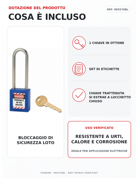 Lucchetto LOTO THIRARD 005576BL: 1 chiave in ottone e set di etichette inclusi