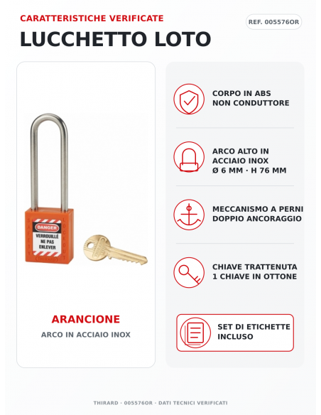 Lucchetto LOTO THIRARD 005576OR arancione: corpo ABS e arco in acciaio inox Ø 6 mm