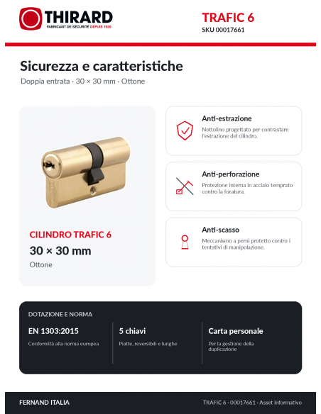 Cilindro TRAFIC 6 THIRARD 00017661: protezioni anti-estrazione, anti-perforazione e anti-scasso