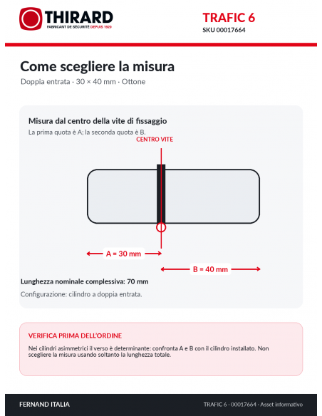 Misure cilindro TRAFIC 6 THIRARD 00017664: 30 x 40 mm, quote A e B dal centro della vite