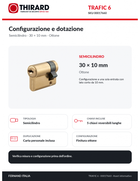 TRAFIC 6 THIRARD 00017660: semicilindro, ottone, 5 chiavi e carta personale