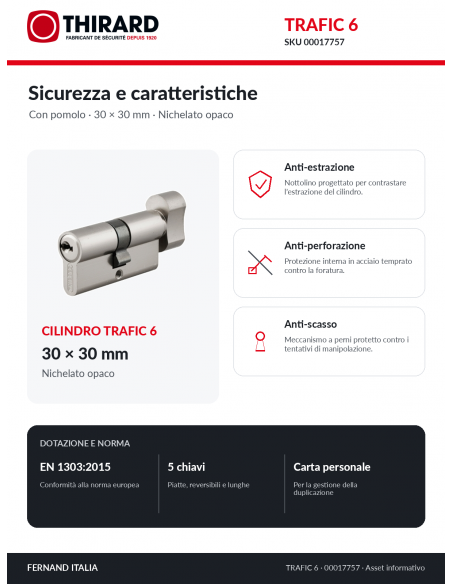 Cilindro TRAFIC 6 THIRARD 00017757: protezioni anti-estrazione, anti-perforazione e anti-scasso