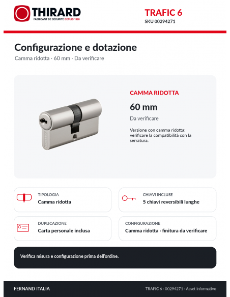 TRAFIC 6 THIRARD 00294271: camma ridotta, 5 chiavi e carta personale