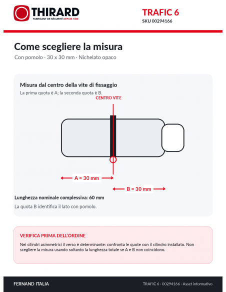 Misure cilindro TRAFIC 6 THIRARD 00294166: 30 x 30 mm, quote A e B dal centro della vite
