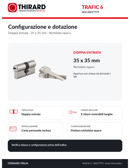 TRAFIC 6 THIRARD 00017779: doppia entrata, 5 chiavi e carta personale