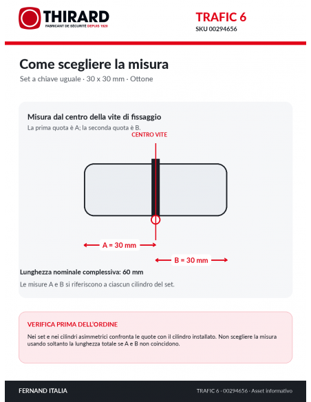 Misure cilindro TRAFIC 6 THIRARD 00294656: 30 x 30 mm, quote A e B dal centro della vite