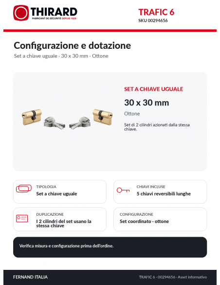 TRAFIC 6 THIRARD 00294656: set a chiave uguale, 5 chiavi e dotazione inclusa