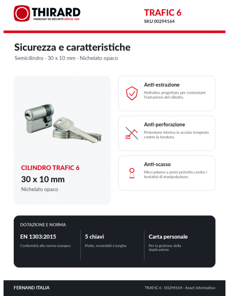 Cilindro TRAFIC 6 THIRARD 00294164: protezioni anti-estrazione, anti-perforazione e anti-scasso