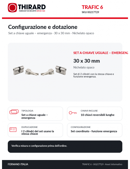 TRAFIC 6 THIRARD 00217729: set a chiave uguale – emergenza, 10 chiavi e dotazione inclusa