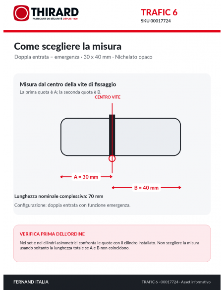Misure cilindro TRAFIC 6 THIRARD 00017724: 30 x 40 mm, quote A e B dal centro della vite