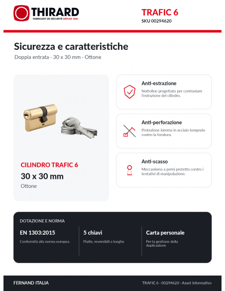 Cilindro TRAFIC 6 THIRARD 00294620: protezioni anti-estrazione, anti-perforazione e anti-scasso