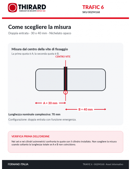 Misure cilindro TRAFIC 6 THIRARD 00294168: 30 x 40 mm, quote A e B dal centro della vite