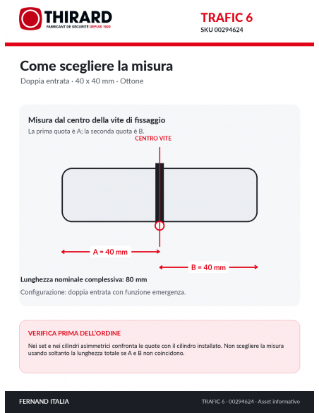 Misure cilindro TRAFIC 6 THIRARD 00294624: 40 x 40 mm, quote A e B dal centro della vite