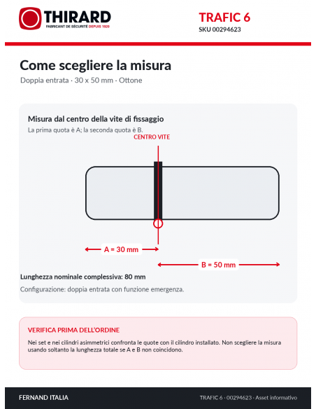Misure cilindro TRAFIC 6 THIRARD 00294623: 30 x 50 mm, quote A e B dal centro della vite