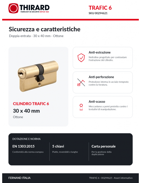 Cilindro TRAFIC 6 THIRARD 00294621: protezioni anti-estrazione, anti-perforazione e anti-scasso