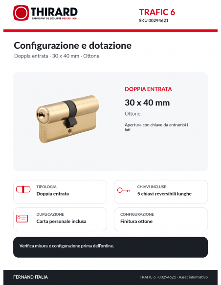 TRAFIC 6 THIRARD 00294621: doppia entrata, 5 chiavi e dotazione inclusa